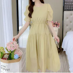 Fashion O-Neck Spliced Folds Lace Up Bow Puff Sleeve Irregular Dresses Women's Clothing 2023 Summer New Loose Sweet Midi Dress