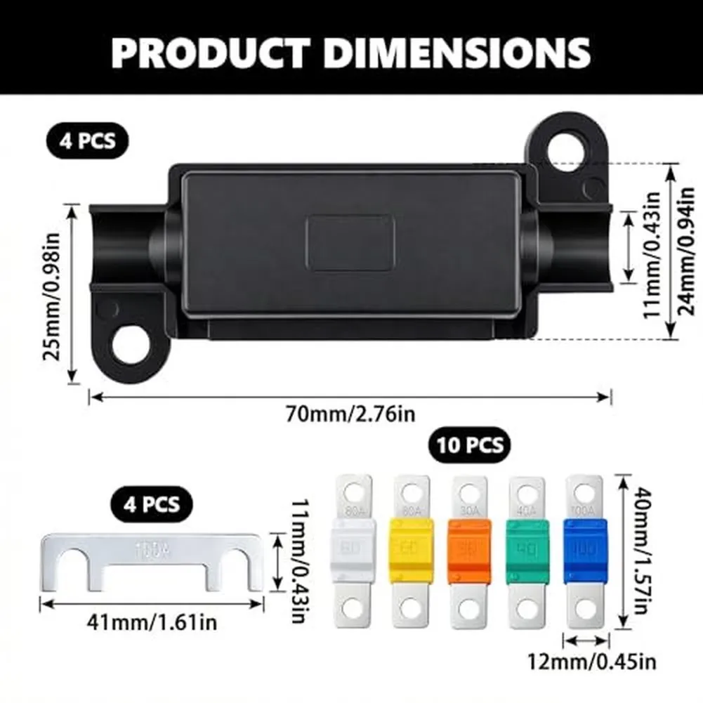 4 Piece 12V For Midi Fuse Holder Assembly with M5 Bolt Mounting and 30 40 60 80 100A Fuses for Vehicles and Equipment