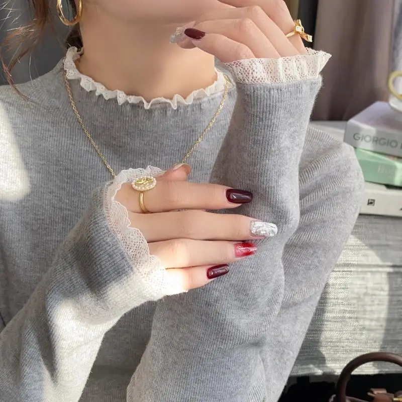 

Zjaiss Spring Autumn Grey Slim Fit Long Sleeves Pullovers Womens Elegant Lace Trim Sweater Korean Style Simple Base Layer Tops