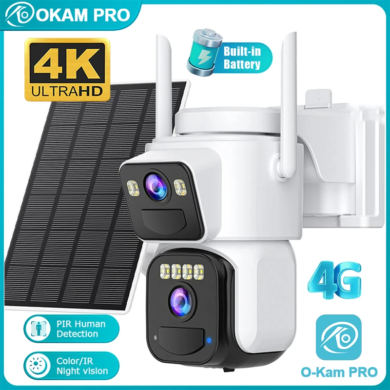 

OKAM PRO Solar Camera Dual Lens HD 4K WiFi Camera PIR Mobile Tracking Color Night Vision 4G Outdoor Camera IP66 Waterproof CCTV