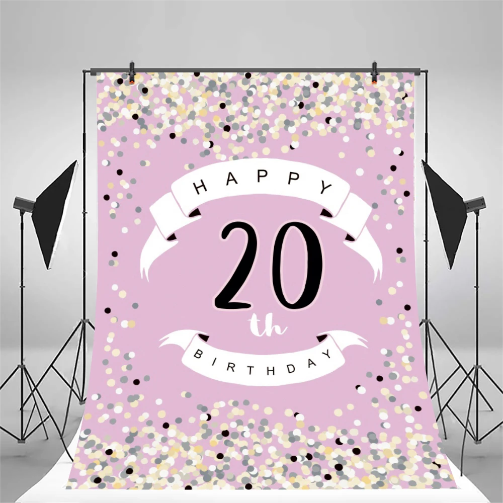 Happy 20 Birthday Backdrop Background 20th Twenty Party Decorations Girl Door Banner Black and Pink Balloons Background Vertical