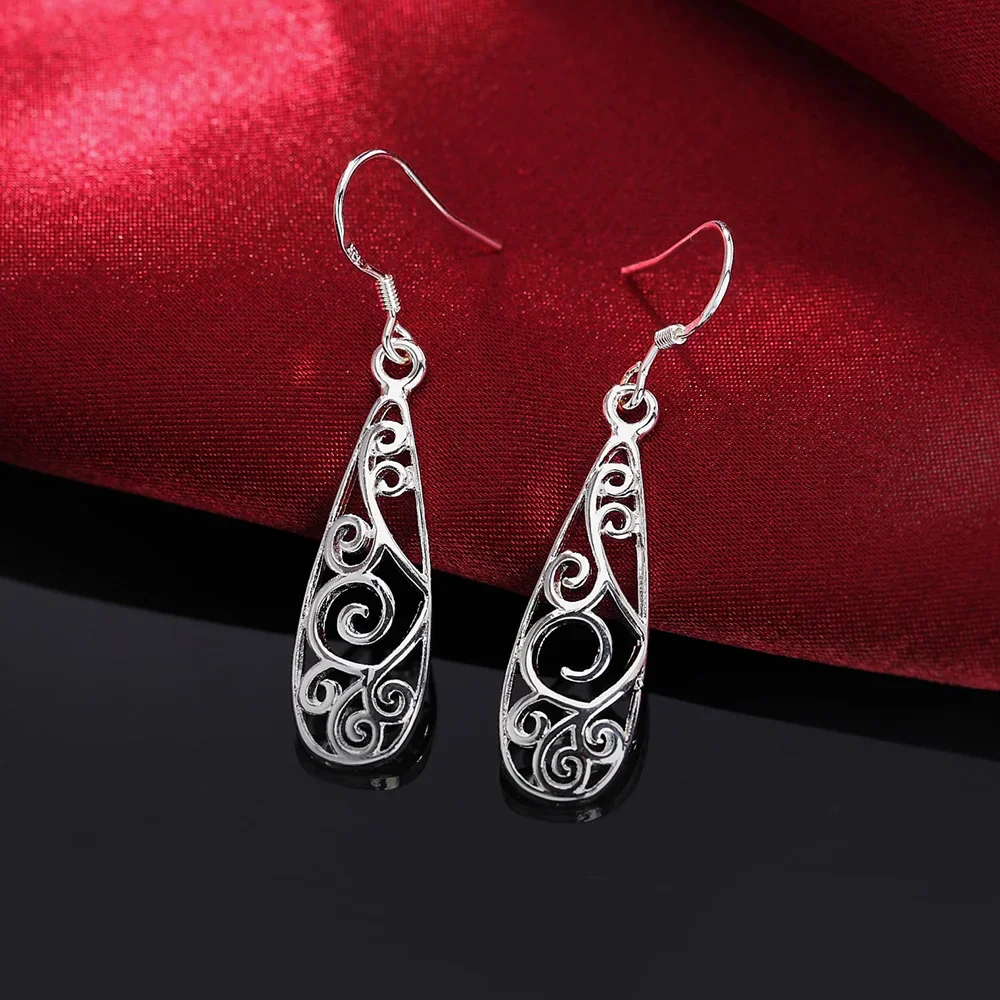 Heißer Verkauf Sterling Silber geschnitzte Tropfenform Ohrringe Frauen Modeschmuck Weihnachts geschenke Party Vintage lange Ohrringe