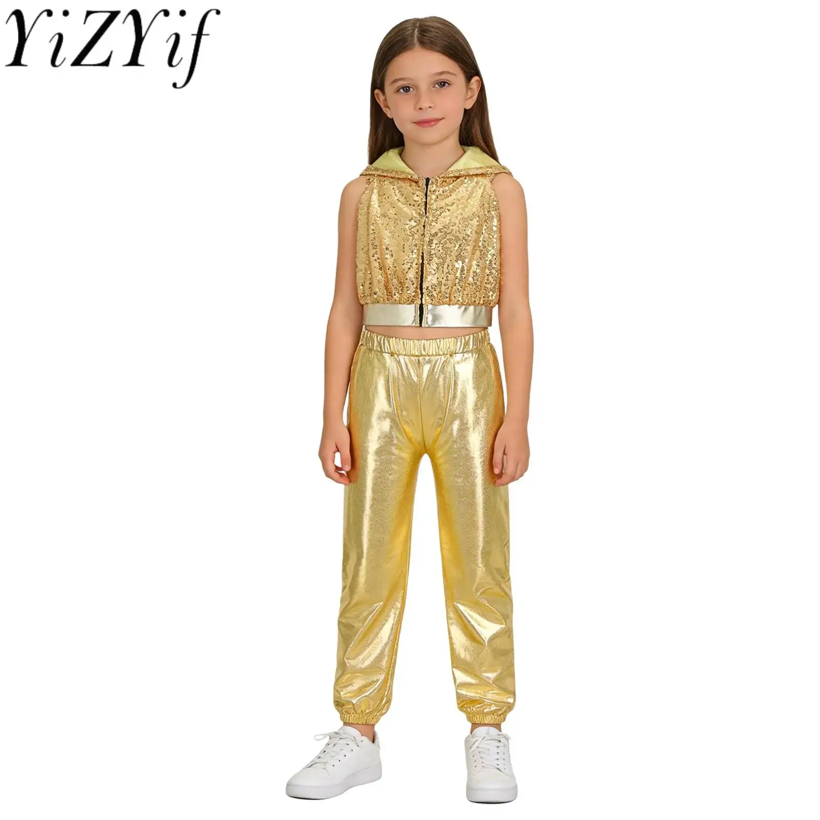 

Kids Girls Two-pieces Hip-Hop Jazz Dance Costume Sleeveless Backless Sequins Hooded Crop Top with Metallic Pants Stage Dancewear