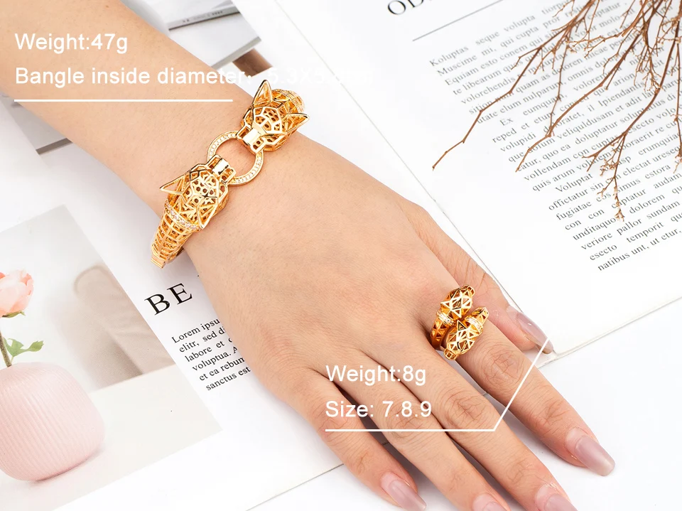 Zlxgirl jewelry luxury brand two leopard head women punk bangle anniversary jewelry set women's Gold bracelet free shipping