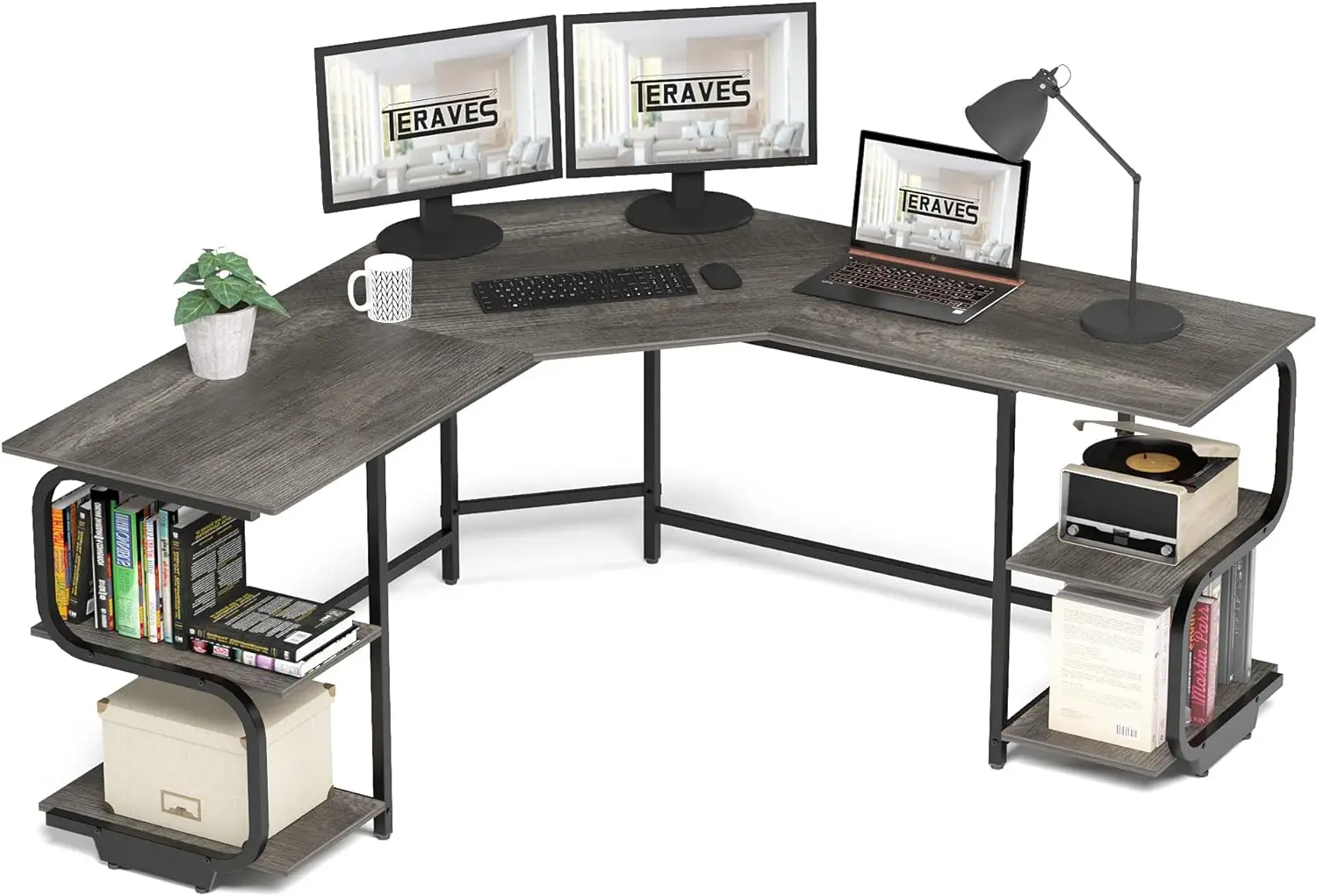 

Modern L Shaped Desk with Shelves,64.84" Gaming Computer Desk for Home Office,Corner Desk with Desktop ，Black Oak