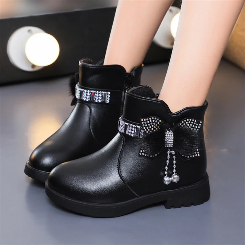 Winter New Children\'s Shoes Girl Mid Length Warm Leather Boots Baby Bow Cute  Plush Student  Cotton Boots