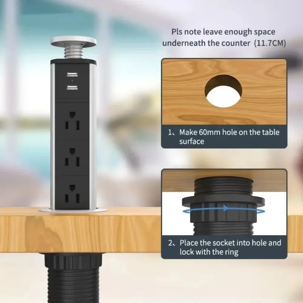 Melery US Type-C ปลั๊กไฟฟ้าแท็บเล็ตซ็อกเก็ต Power Strip Pop Up โต๊ะ SOCKET Outlet ซ่อนห้องครัว USB Charger สายไฟต่อ