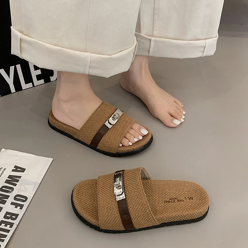 Minimal solid open toe sandals women's flat soft slides versatile fashion slippers for relaxing at home and street shopping