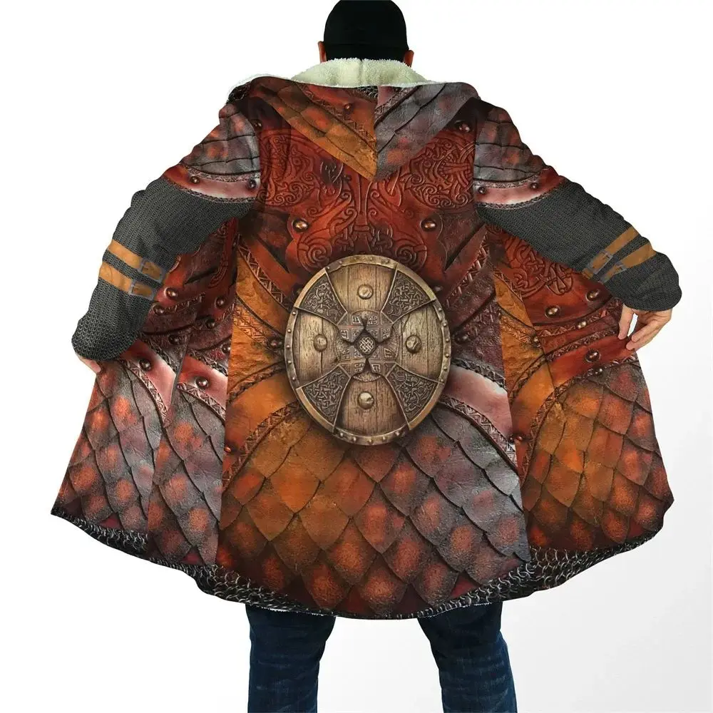 

MSIEESO Winter Men Hooded Cloak Viking Armor Tattoo Pattern 3D Printed Fleece Wind Breaker Unisex Casual Thick Warm Hood Cloak