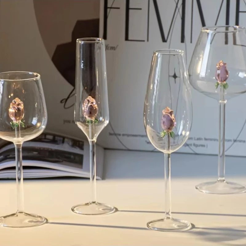 Creative 3D Pink Rose Built In Wine Glass Goblet Champagne Flute for Party Use Home Bar Wedding Toasting Drinking Cup Stemware
