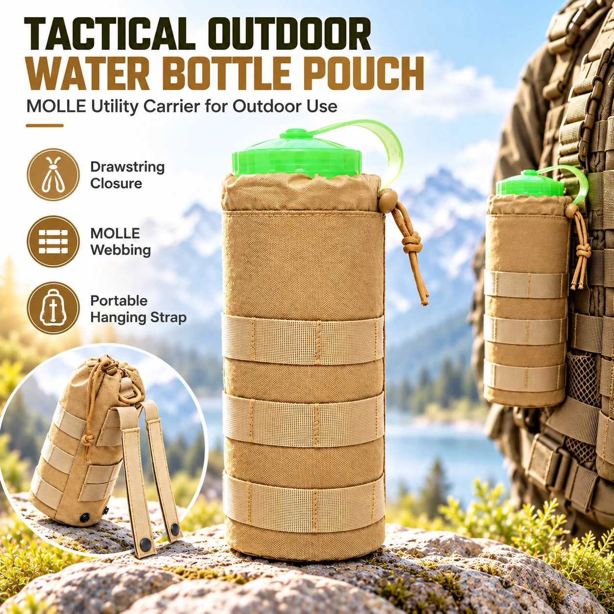 Tactical Water Bottle Pouch MOLLE Drawstring Carrier Bottle Bag D-Ring Utility Holder Bottle Pouch Adjustable Bottle Bag for EDC