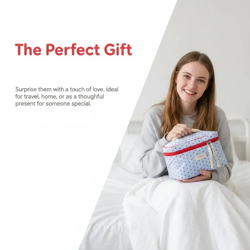 Makeup Bag Set Light Blue Red Heart Print Quilted Fabric Large Capacity Cosmetic Organizer for Daily Travel Use