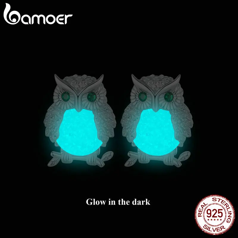 BAMOER 925 Sterling Silver Owl Stud Earrings Luminous Stone Hypoallergenic Earrings Glowing in the Dark Jewelry for Women