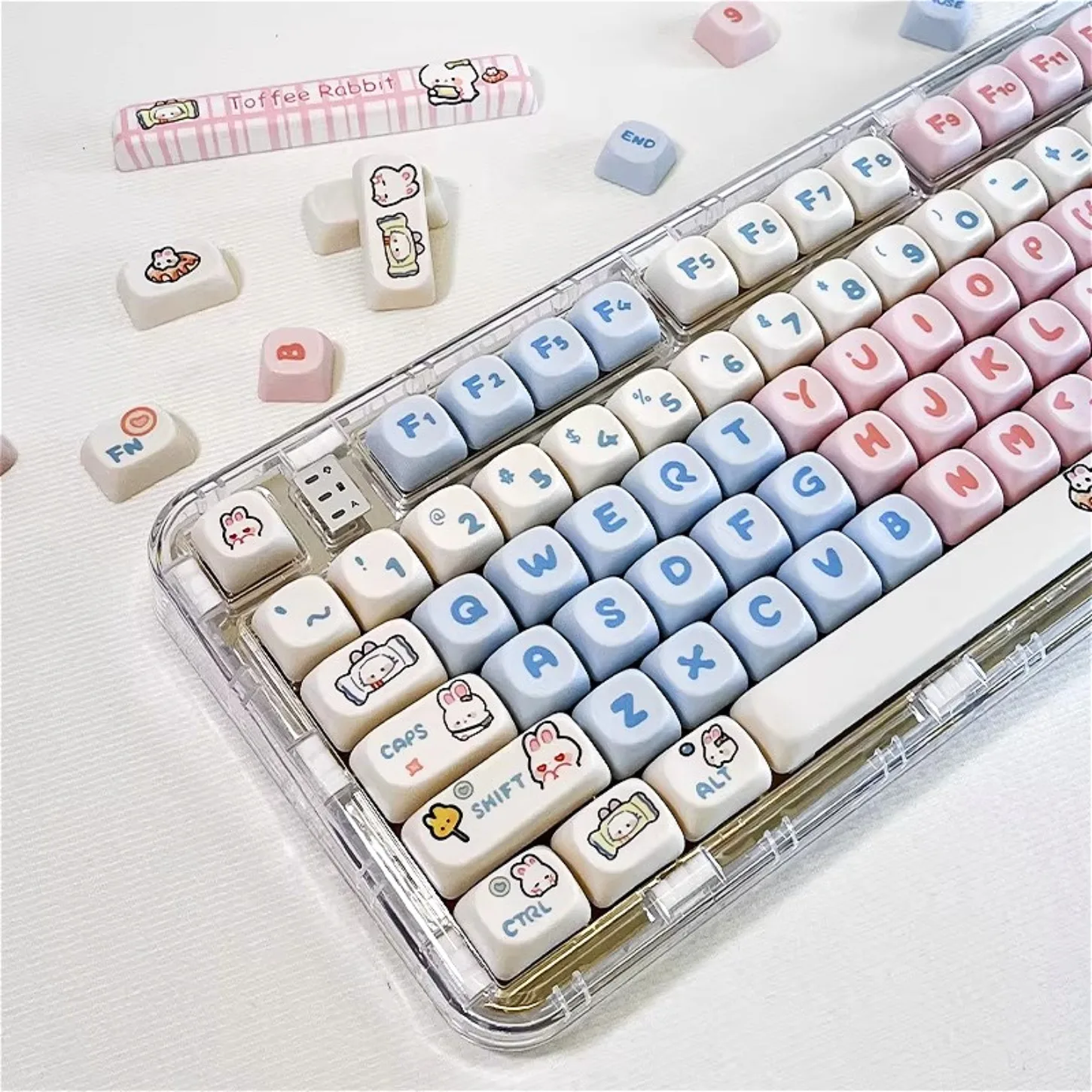 Cute Milk Candy Bunny PBT Keycaps 130+ Keys MOA Profile Round Dye-Sub Keycap Set for 61/68/75/87/98/100/108 Mechanical Keyboard