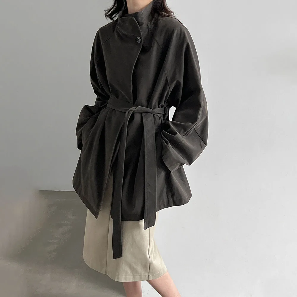 TWOTWINSTYLE Waist Belt Spliced Pocket Loose Jacket for Women Stand Collar Long Sleeve Patchwork Button Casual Jackets Female
