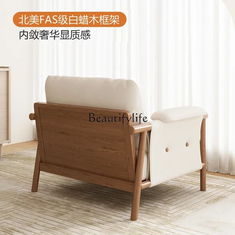 Single Seat Sofa Chair Genuine Leather Living Room Home Modern Light Luxury Solid Wood Japanese Nordic Leisure Chair