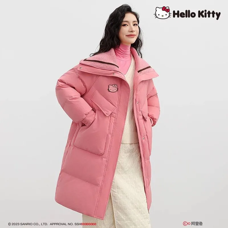 Kurtka puchowa Hello Kitty z białego puchu kaczego, damska, zimowa, gruba, ciepła, długa, płaszcz typu puffer, modna parka damska, słodki płaszcz wierzchni, prezent.