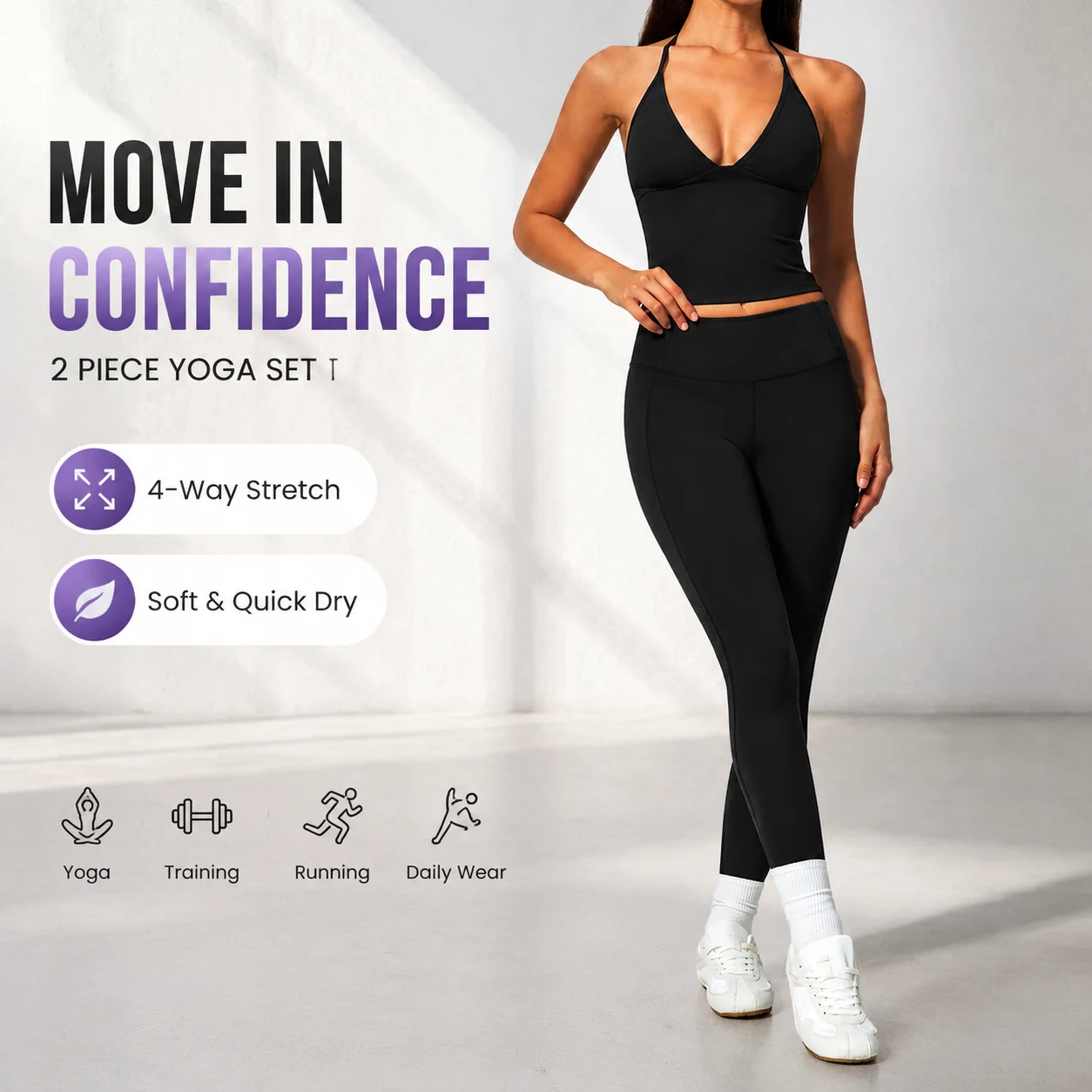 Women 2 Piece Yoga Set Halter Neck Crop Top High Waist 9/10 Ankle Leggings Tummy Control Gym Activewear