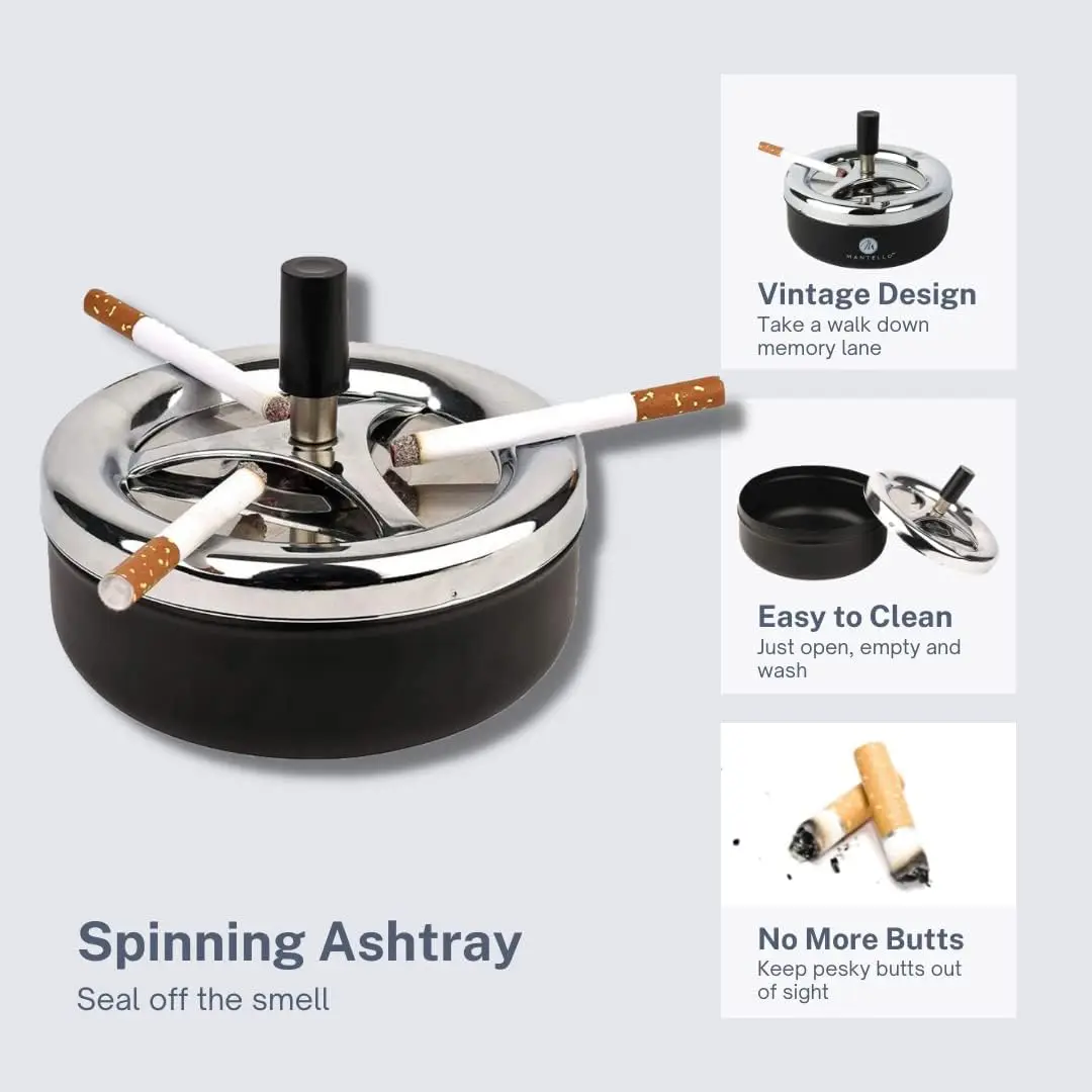 Metal Ashtray, Round Rotating Self-Clearing Smokeless Smoker Ashtray Office for Men Cigar Ashtray