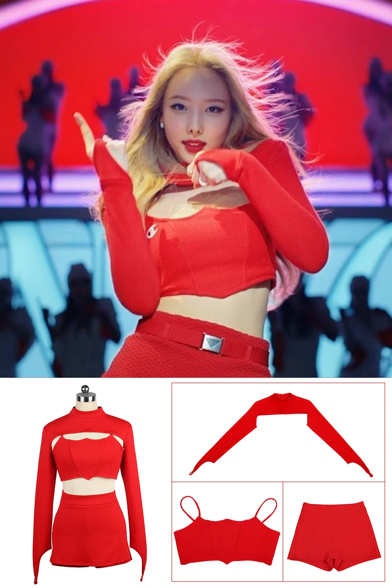 Kpop TWICE Lim Na Yeon Outfit Jazz Dance Red Tops Cropped Long Sleeve Hoodies Sexy Slim Mini Skirts Women Outfits