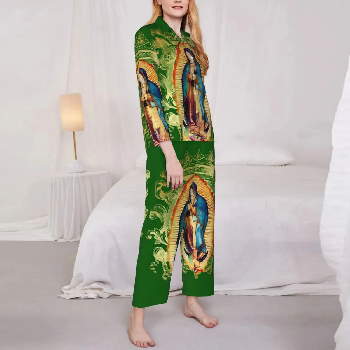 Virgin Mary Mexico Pajama Sets Autumn Our Lady of Guadalupe Cute Sleep Sleepwear Womens 2 Piece Vintage Oversized Nightwear