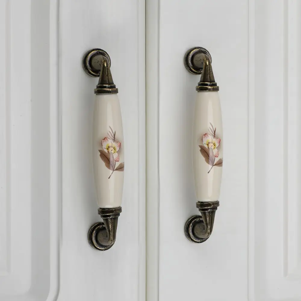 European Style Retro Knob Handle Floral Print Sturdy Furniture Cabinet Handles Ceramic Alloy Wardrobe Door Handle