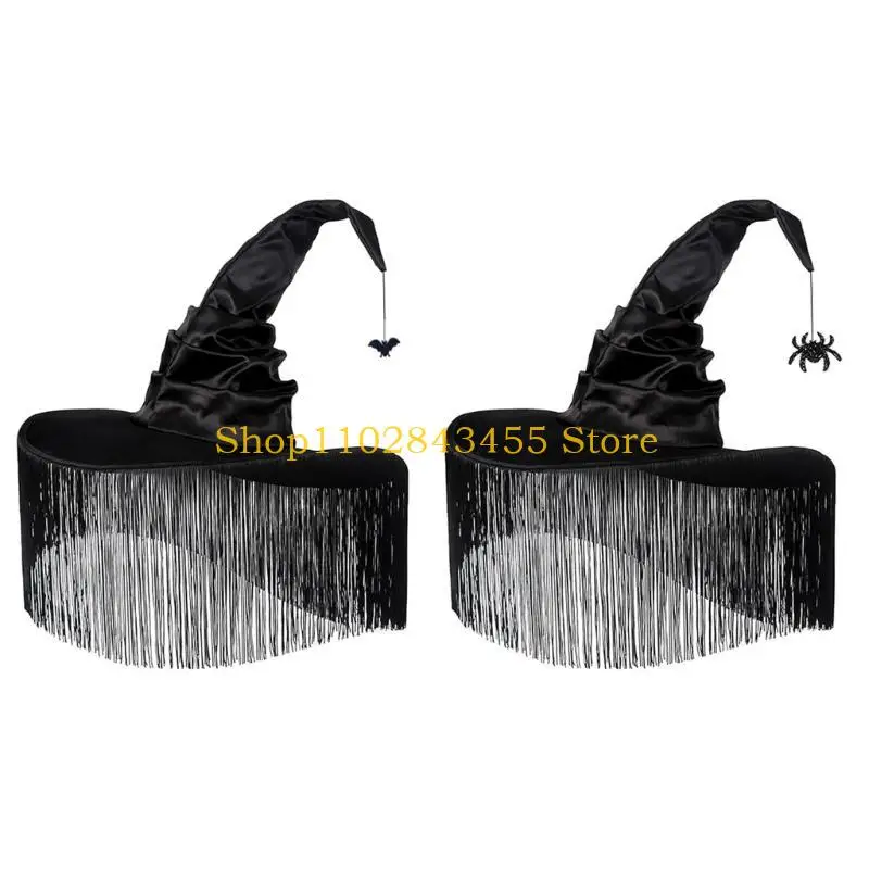 49MC Halloween Party Witch Hat for Women Cosplay Fringed Wizard Hat Fashion Costume Hat Festival Pointed Witch Hat Headwear