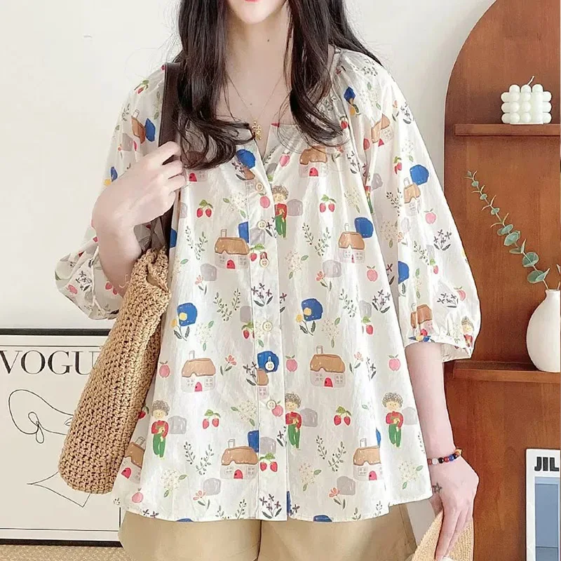 French Style Sweet V-neck Lantern Sleeve Floral Shirt for Women\'s Summer Loose Slimming Belly Covering Three-quarter Sleeve Top