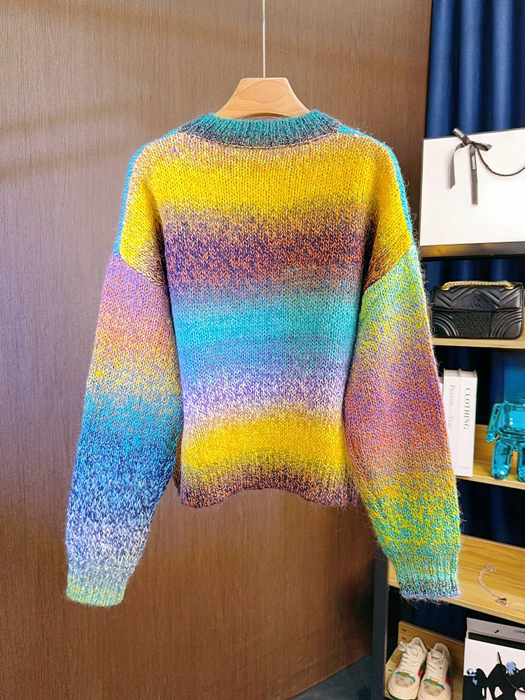 Gradient Sweater Loose Fit Pullover Knit Top Women Colorful Jumper 2024 Fall Winter Mohair Outfit