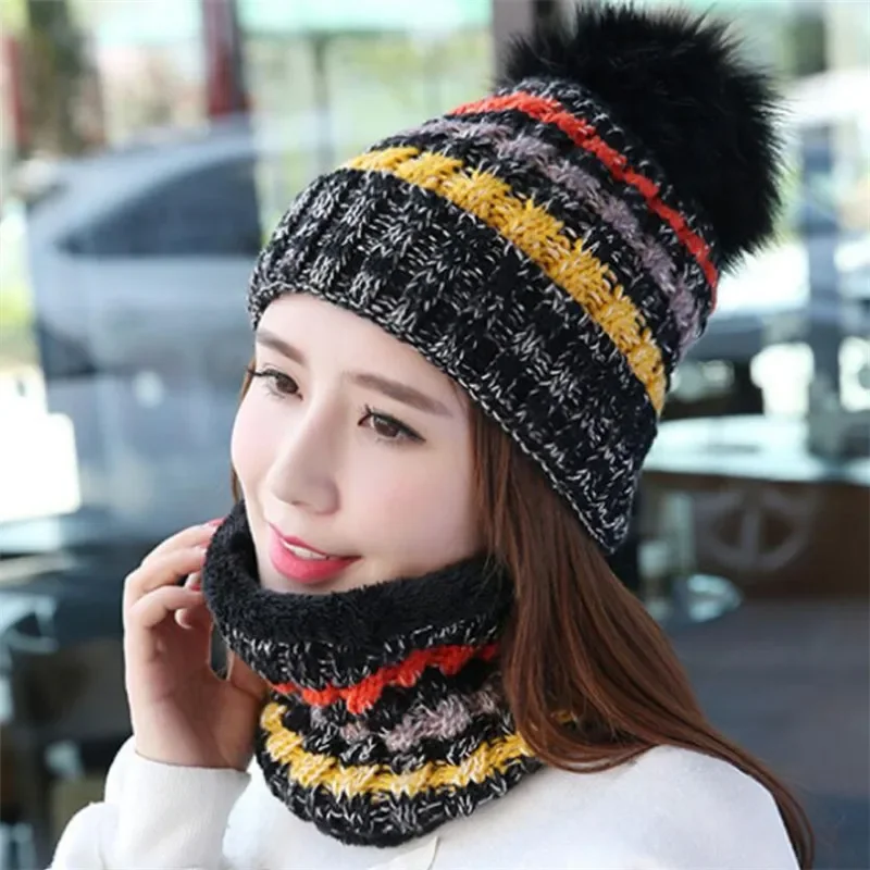 Winter Women Knitted Hat Scarf Set Girls Woman Warm Beanies Plush Hat And Ring Scarf Mix Color Female Lady Pom Pom Cap Scarves