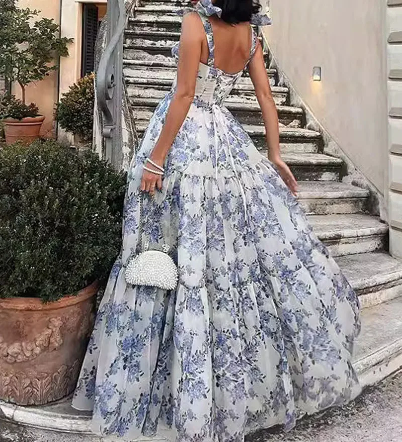 Abito lungo elegante da donna sexy estivo senza maniche con scollo a V Abito elegante da spiaggia con fasciatura Boho Abiti maxi da sera floreali