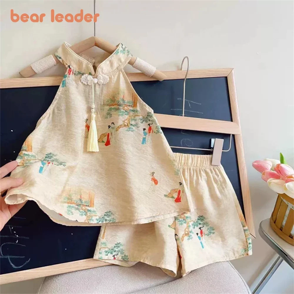 Bear Leader Girls' Set Summer New Chinese Style Printed Standing Neck Tassel Top+Shorts Two Piece Set Fashion Kids' Clothing