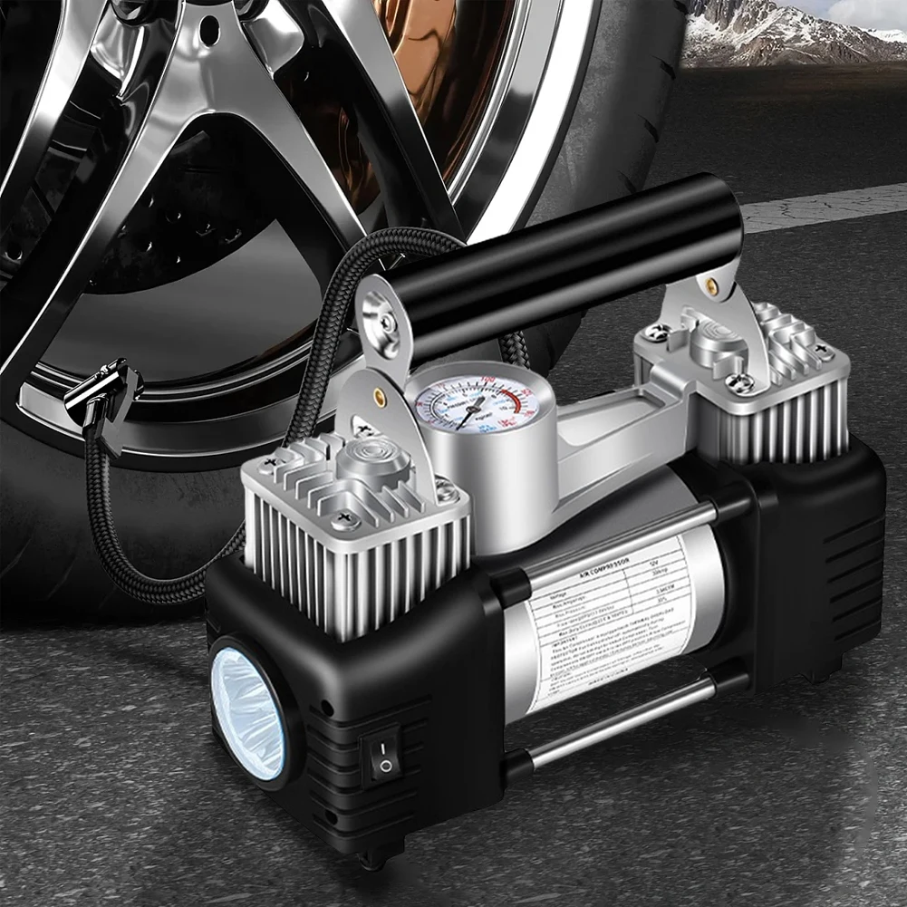 12V Portable Dual Cylinder Air Pump Heavy Duty Dual Cylinder Tire Inflator Electric Car Tyre Inflator Automotive Inflation Pump