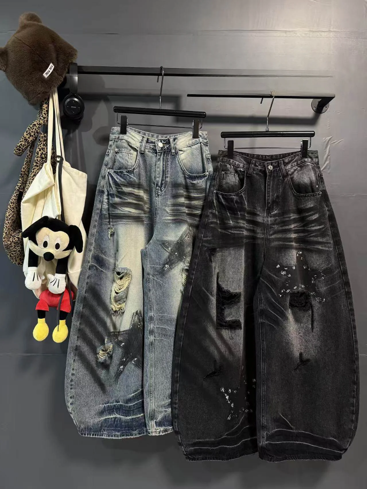 Retro American Casual Graffiti Hole Slimming Summer New Style Women's Loose Wide Leg Pants High Waist Zipper Closure Breathable