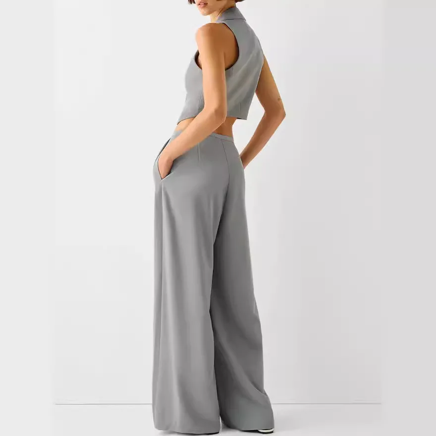 2024 New Gray Sleeveless Halter neck Suit V-Neck Sleeveless Vest Temperament Intellectual Commuting Drap Pants Suit Fabric