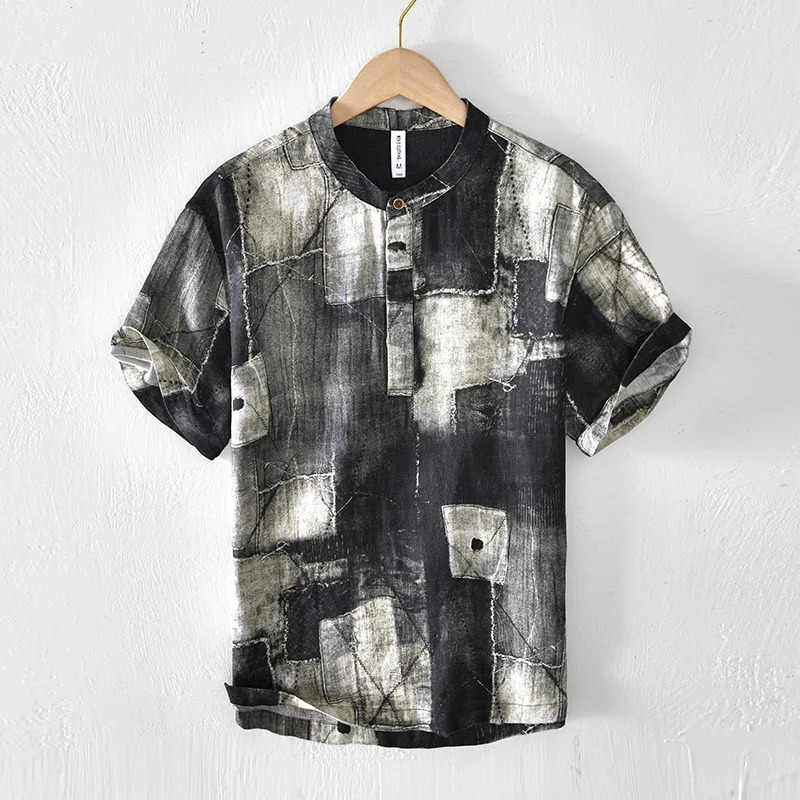 L939 100% Linen Mens Stand Collar T-Shirt Summer Short Sleeve Popular Dark Vintage Print Loose Casual Abstract Chinese Style Tee