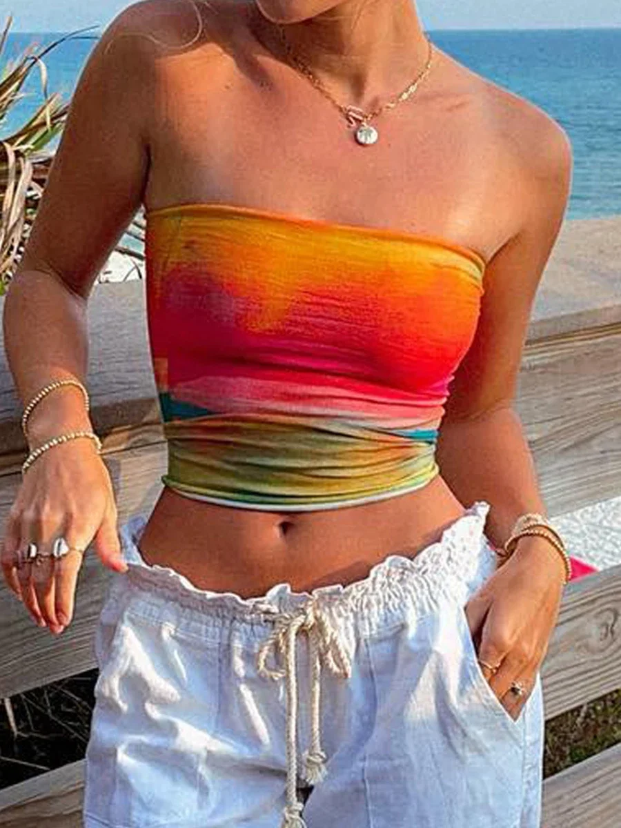 Summer Sexy Tie-Dyed Bandeau Crop Tops Women Sleeveless Wrap Chest Tube Tops Beach Street Backless Strapless Tank Tops