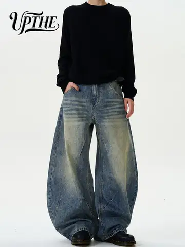 UP.THE Men Vintage Washed Baggy Wide Leg Jeans, Y2K Loose Oversized Denim Pants, Retro Streetwear Trousers for Daily Outfits