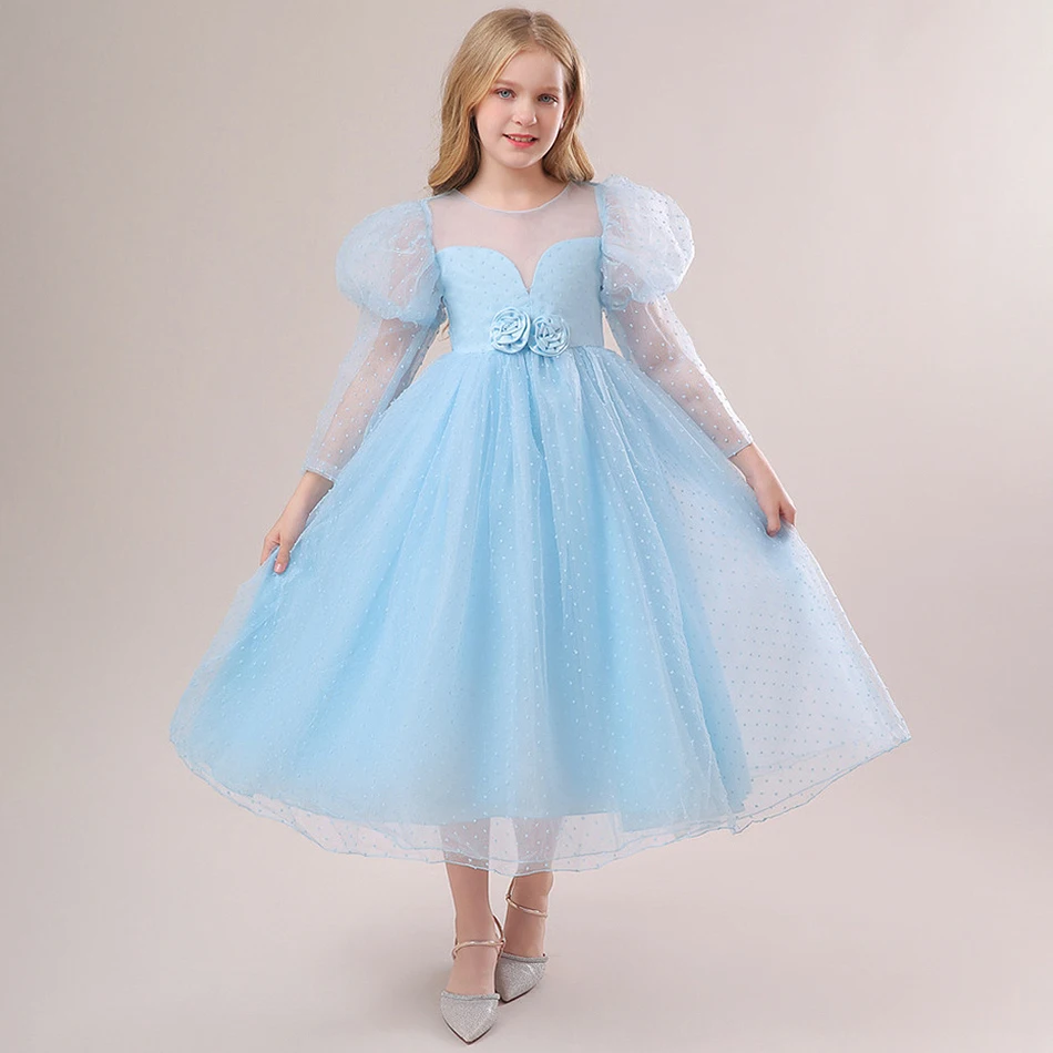 

Однотонное платье принцессы с длинными рукавами и цветочным узором для девочек, детское праздничное платье на день рождения, фестиваль, детские вечерние костюмы для выступлений
