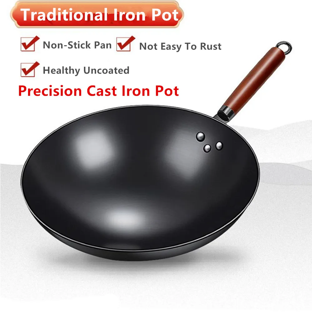 Sartén Wok de 30/32cm de profundidad, sartén antiadherente de hierro hecha a mano china, fondo redondo, olla de cocina sin recubrimiento para el hogar, estufa de Gas, utensilios de cocina