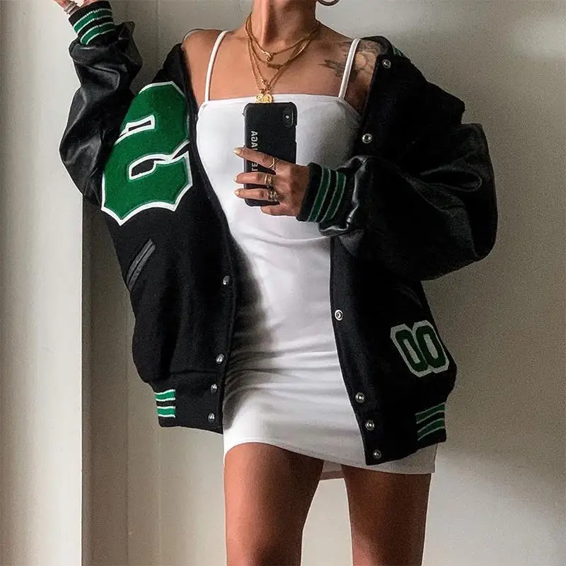 

Casual Women Oversized Baseball Jackets Fashion Leather Long Sleeve Letter Embroidery Jackets Indoors And Outdoors S-XL