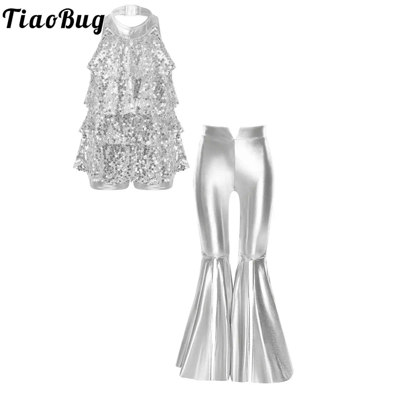 

Kids Girls Disco Jazz Dance Costumes Sequin Sleeveless Leotard And Bell-Bottom Pants for Ballroom Tango Dance Performance Outfit