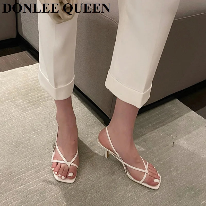 2022 New Summer Square Toe Slingback Sandals Narrow Band Gladiator Shoes Women High Heels Pumps Party Dress Shoes Sandales Mujer