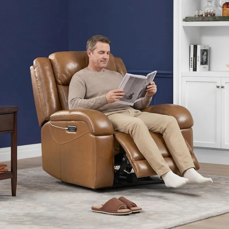 Watson & Whitely Genuine Leather Wall Hugger Power Recliner, Saddle Brown | Recliner Chair for Adults, Power Headrest