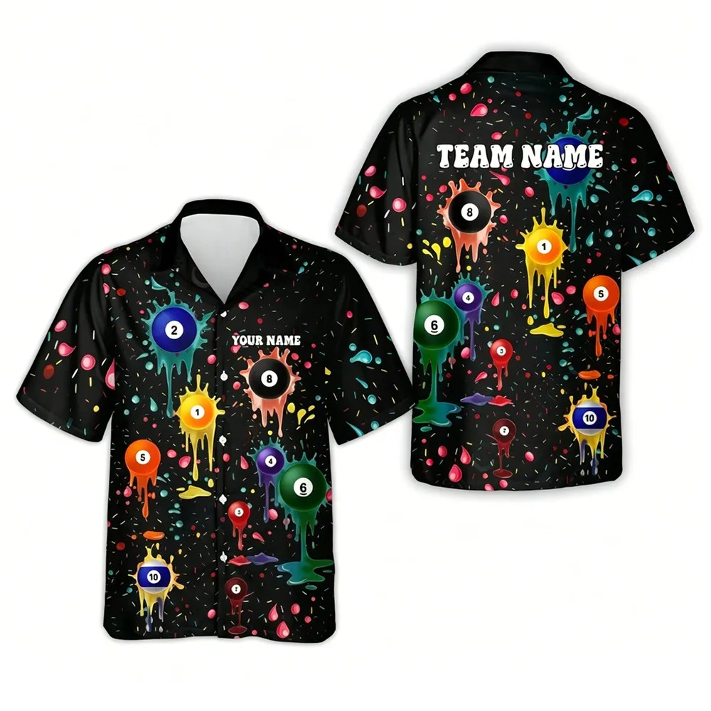 Summer Street Party Outfit Printed Men's Billiard Shirt Short Sleeve Button Open Jacket Colorful Splatter Casual Bowling Top