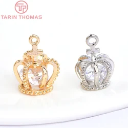 (1517) 6PCS 11x15MM 24K Gold Color Plated Brass with Zircon Crown Charms Pendants High Quality Jewelry Accessories