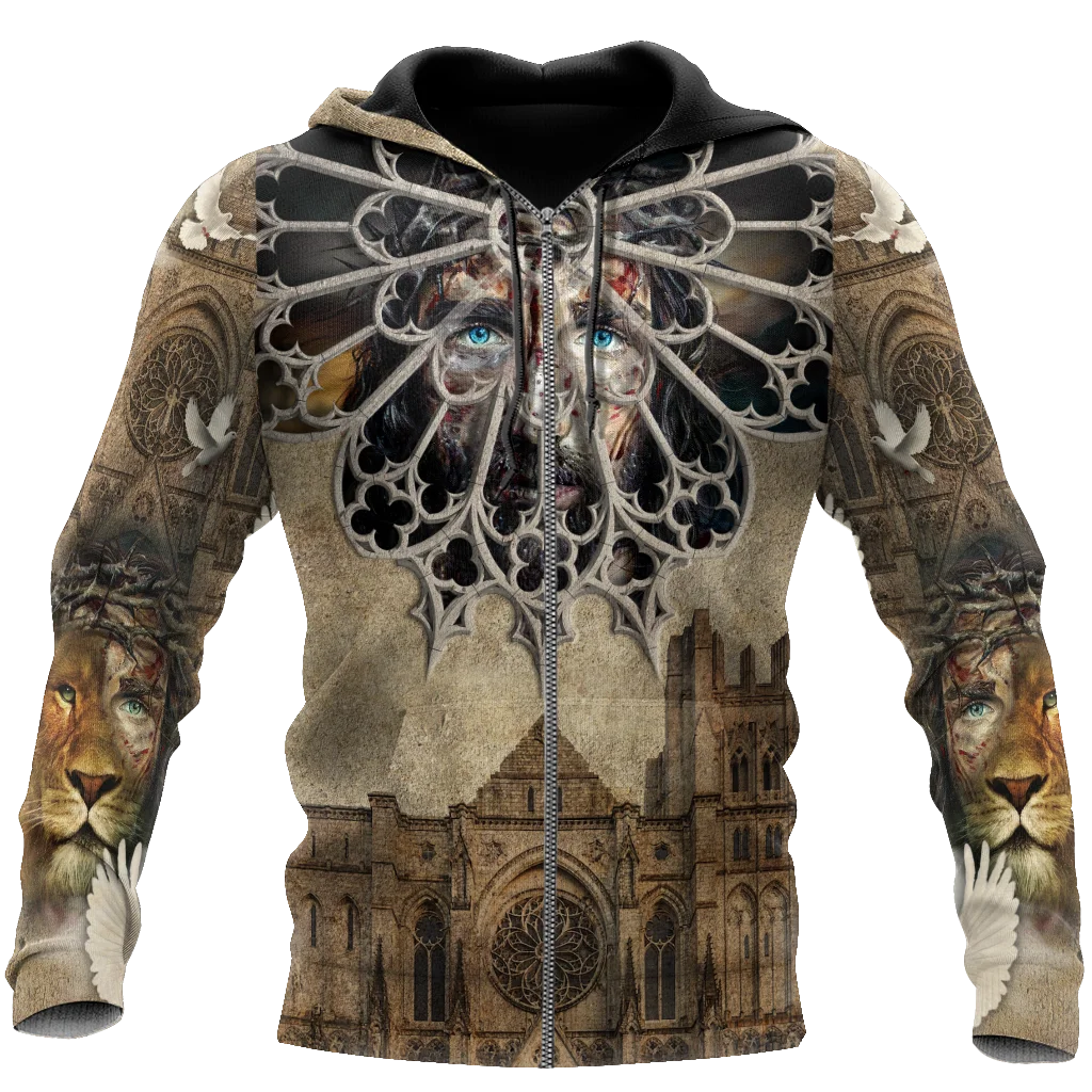 New Retro Autumn 3D God Printing Zip Up Hoodies For Men Clothing Latin Cross Graphic Pullovers Fashion Cool Pullovers Clothing