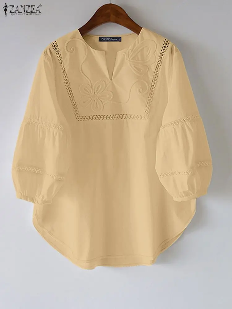 Vrouwen Geborduurde Blouse 2025, ZANZEA Herfst Kanten Overhemd Elegante V-hals 3/4 Mouwen Tops Casual Solid Werk Blusas Mujer Femme