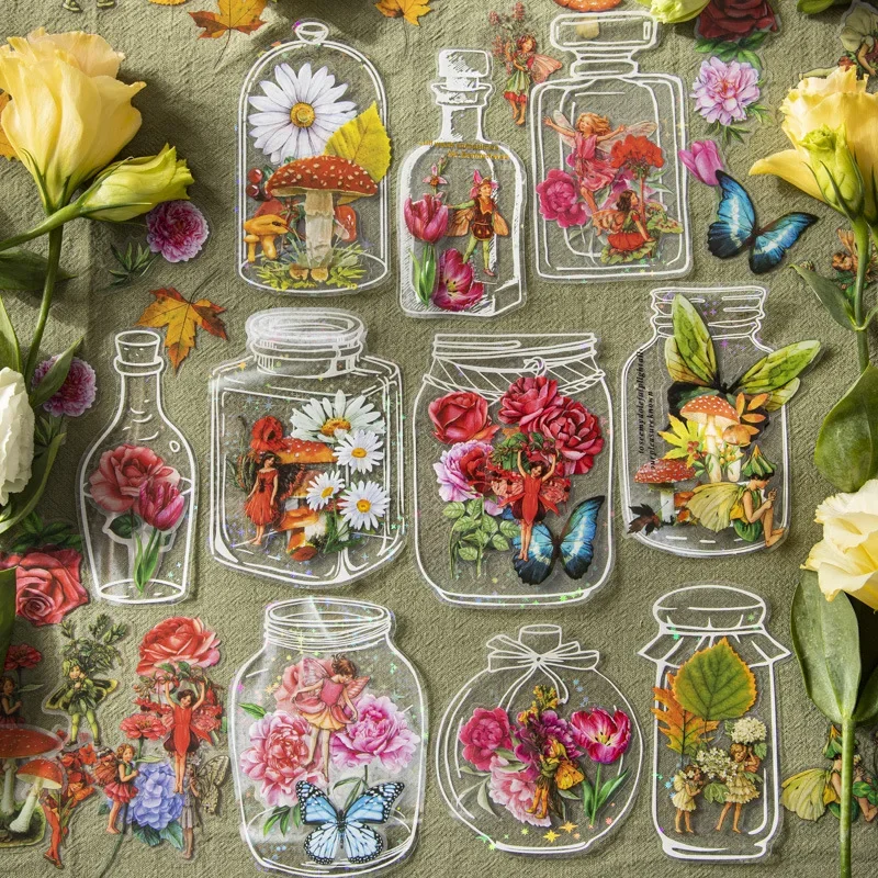 

40pcs/bag Dream Wish Bottle Background Florals Elf Transparent PET Stickers for Journal Notebook Diary Album DIY Decor