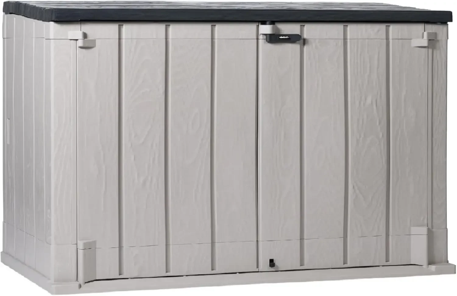 Stora Way All Weather Outdoor XL Horizontal Storage Shed Cabinet for Trash Can, Garden Tools, and Yard Equipment, Taupe Gray and